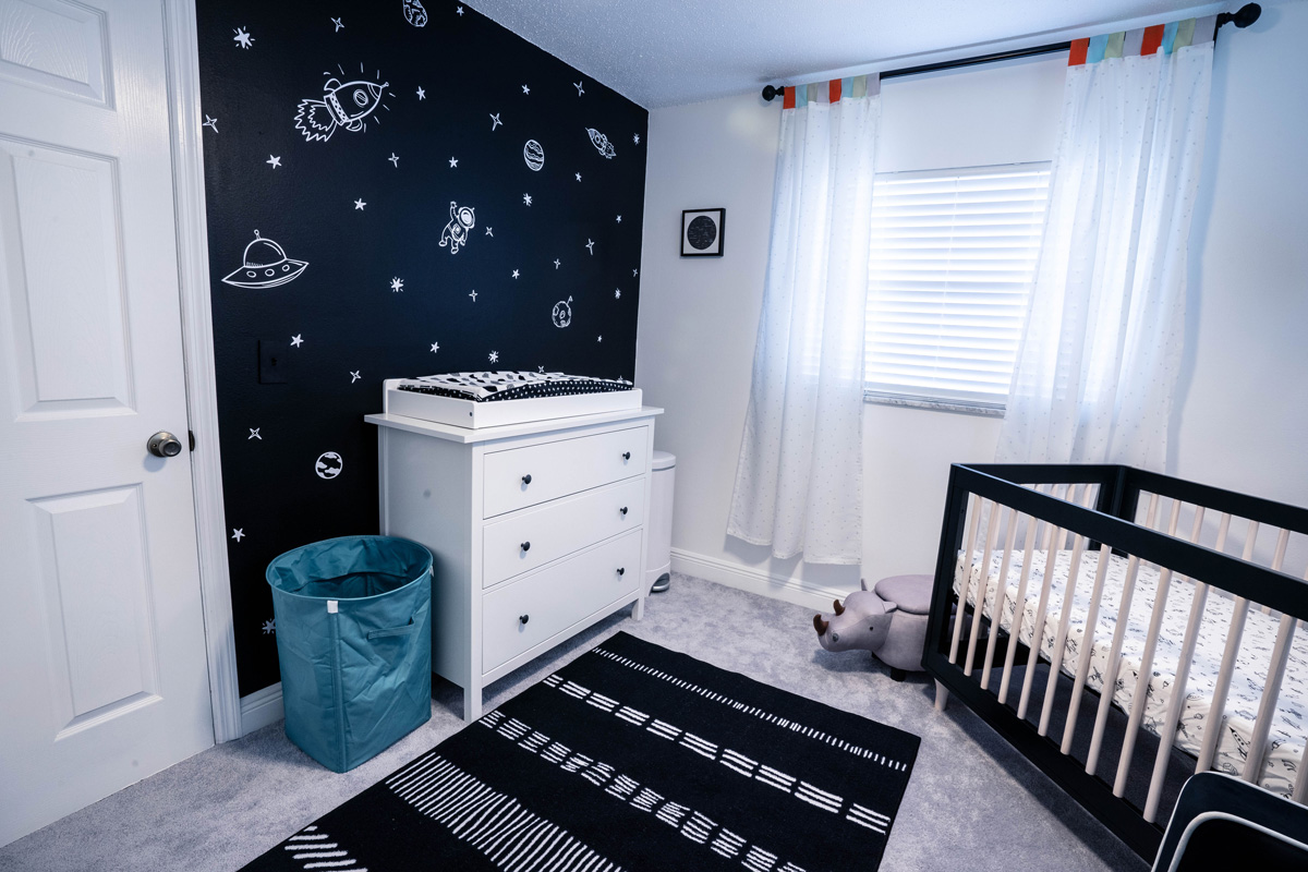Space themed black and white nursery